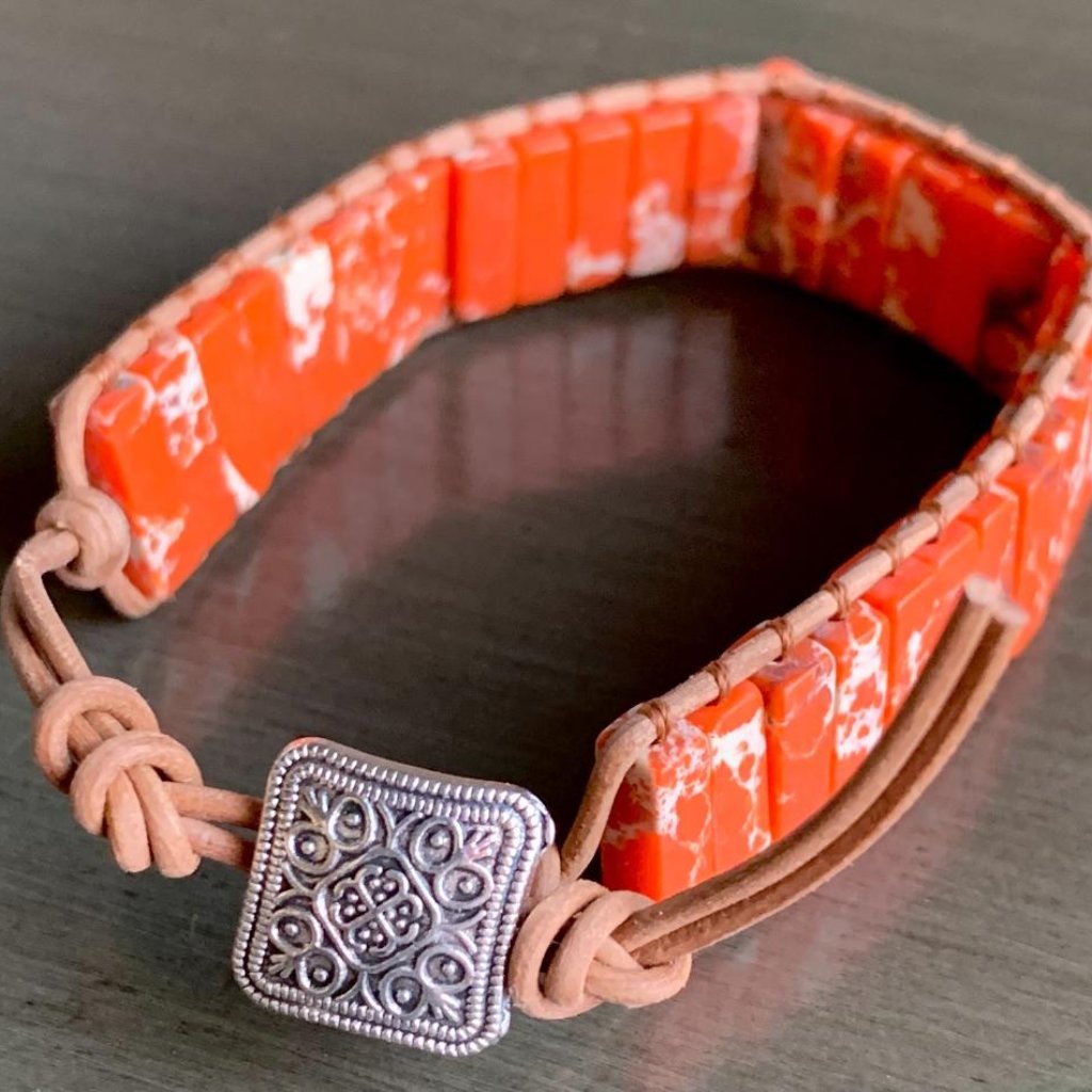 Boho Ethnic Orange Natural Stone Leather Bracelet Filigree Silver Metal Closure